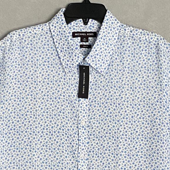 Michael Kors Men's XL Slim Fit Short Sleeve Shirt Linen Blue Floral NEW - Picture 3 of 12